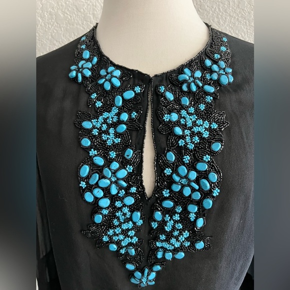 Vintage Issue Black sheer blouse size 12 black seed beaded turquoise accents - Picture 2 of 5